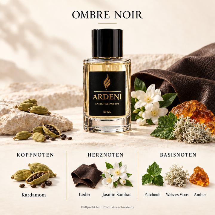 Duftnoten von ARDENI OMBRE NOIR: Übersicht der Kopf-, Herz- und Basisnoten mit Kardamom, Leder, Jasmin, Patchouli und Amber.