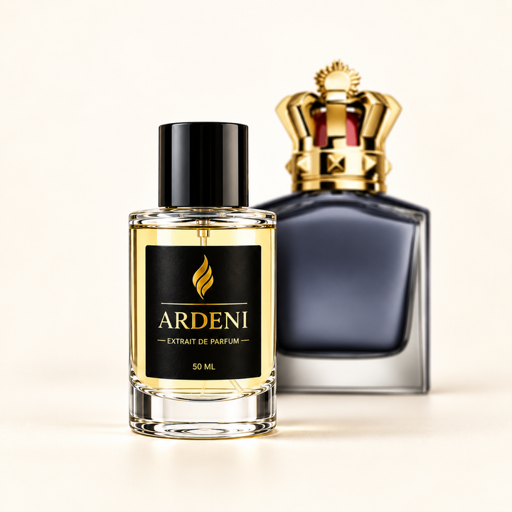 ARDENI SCANDOR Extrait de Parfum im 50-ml-Glasflakon mit schwarzer Kappe vor dunkelblauem Parfumflakon.