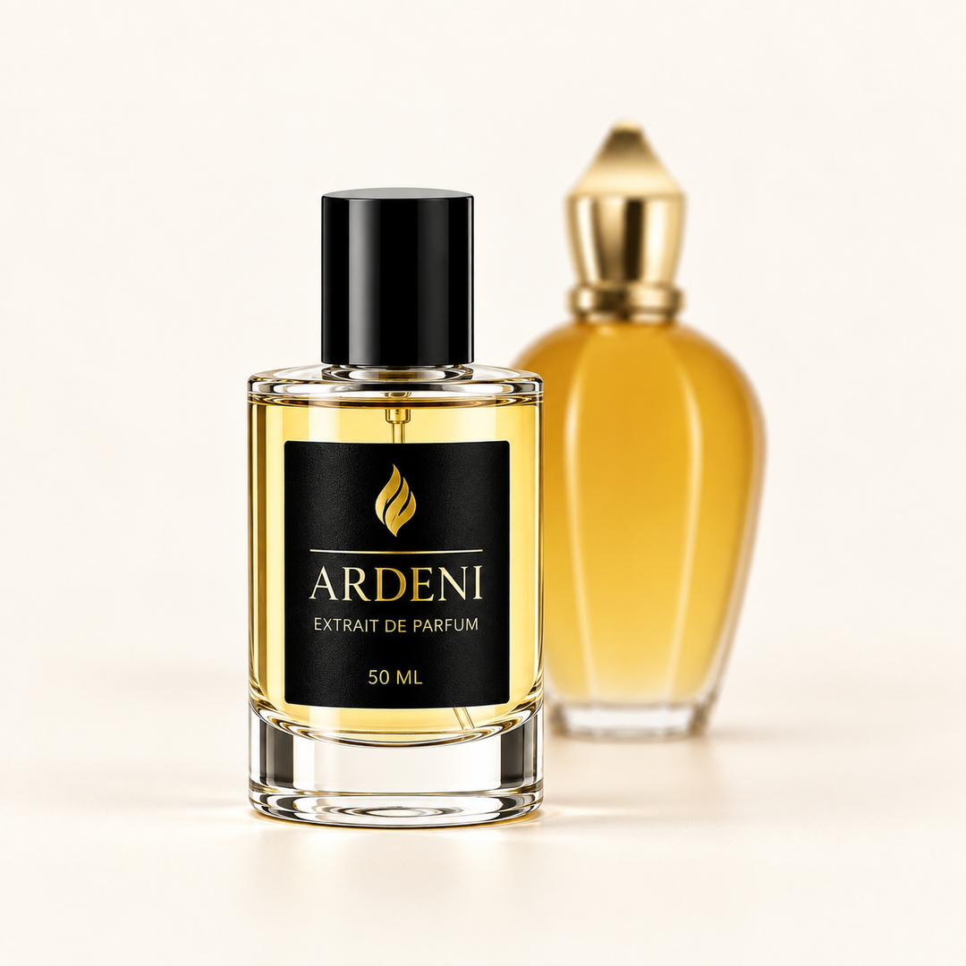 ARDENI GOLDEN ERA Extrait de Parfum im 50-ml-Glasflakon mit schwarzer Kappe vor goldgelbem Parfumflakon.