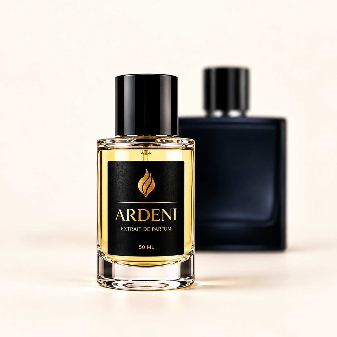 ARDENI BLEU Extrait de Parfum im 50-ml-Glasflakon mit schwarzer Kappe vor dunkelblauem Parfumflakon.