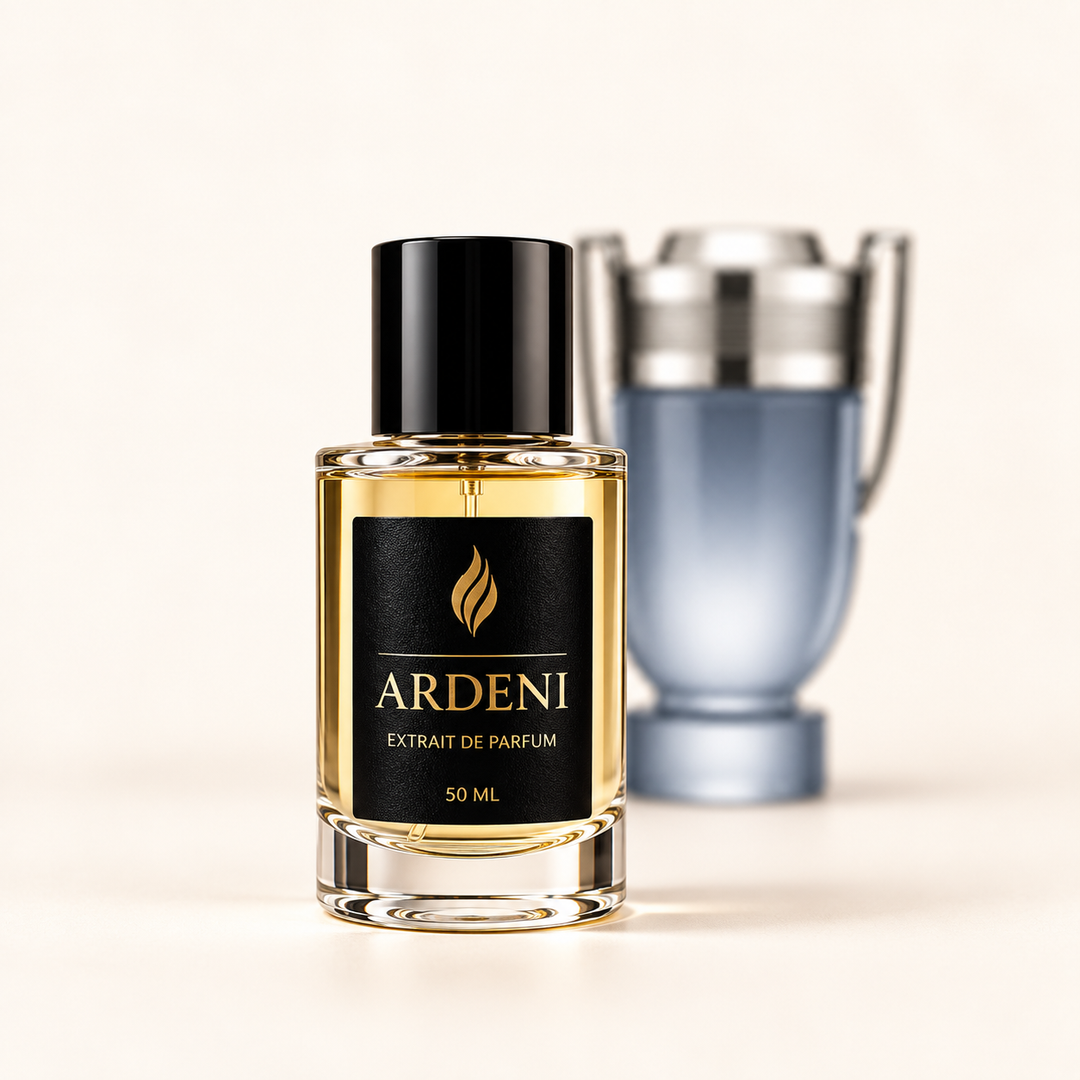 ARDENI INVICTO Extrait de Parfum im 50-ml-Glasflakon mit schwarzer Kappe vor pokalförmigem Parfumflakon.