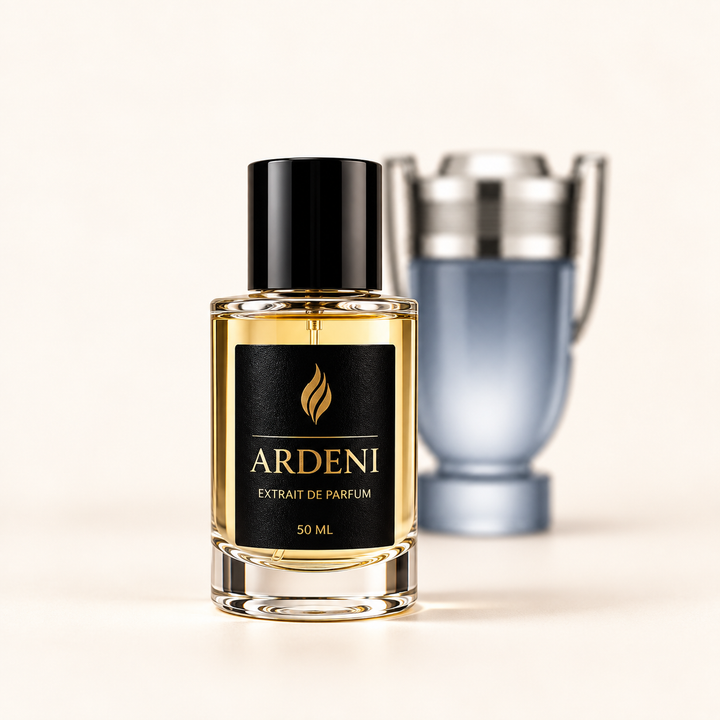 ARDENI INVICTO Extrait de Parfum im 50-ml-Glasflakon mit schwarzer Kappe vor pokalförmigem Parfumflakon.