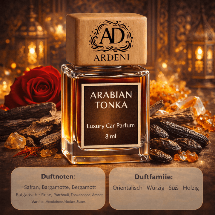 Ardeni Arabian Tonka Auto Duft mit süß würziger Tonka Note in edlem Glasdesign für ein intensives Ambiente im Auto