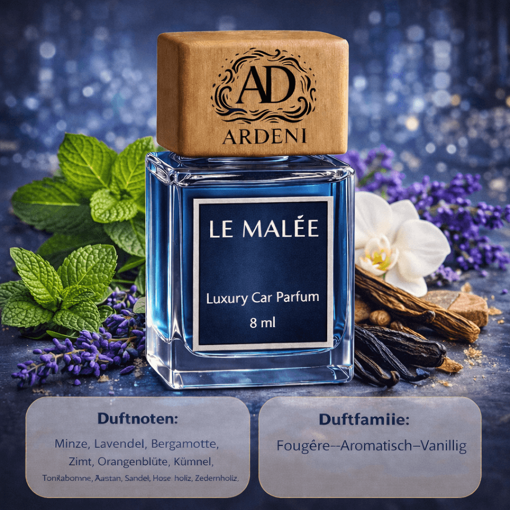 Ardeni Le Malee Auto Duft mit frischer maskuliner Note in eleganter Glasflasche für ein luxuriöses Fahrerlebnis