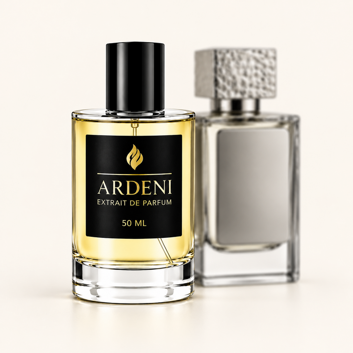 ARDENI ADDICTA Extrait de Parfum im 50-ml-Glasflakon mit schwarzer Kappe vor grauem Parfumflakon.
