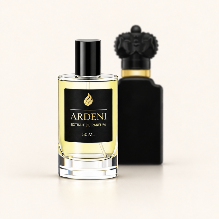 ARDENI AMBRÉLON Extrait de Parfum im 50-ml-Glasflakon mit schwarzer Kappe vor schwarzem Parfumflakon.