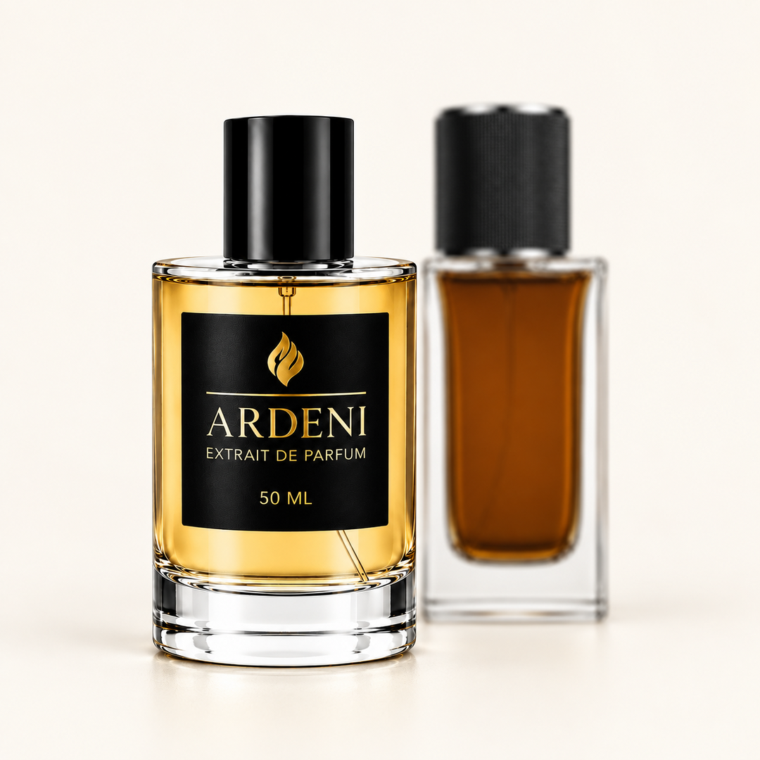ARDENI BABYCAT NOIR Extrait de Parfum im 50-ml-Glasflakon mit schwarzer Kappe vor bernsteinfarbenem Parfumflakon.