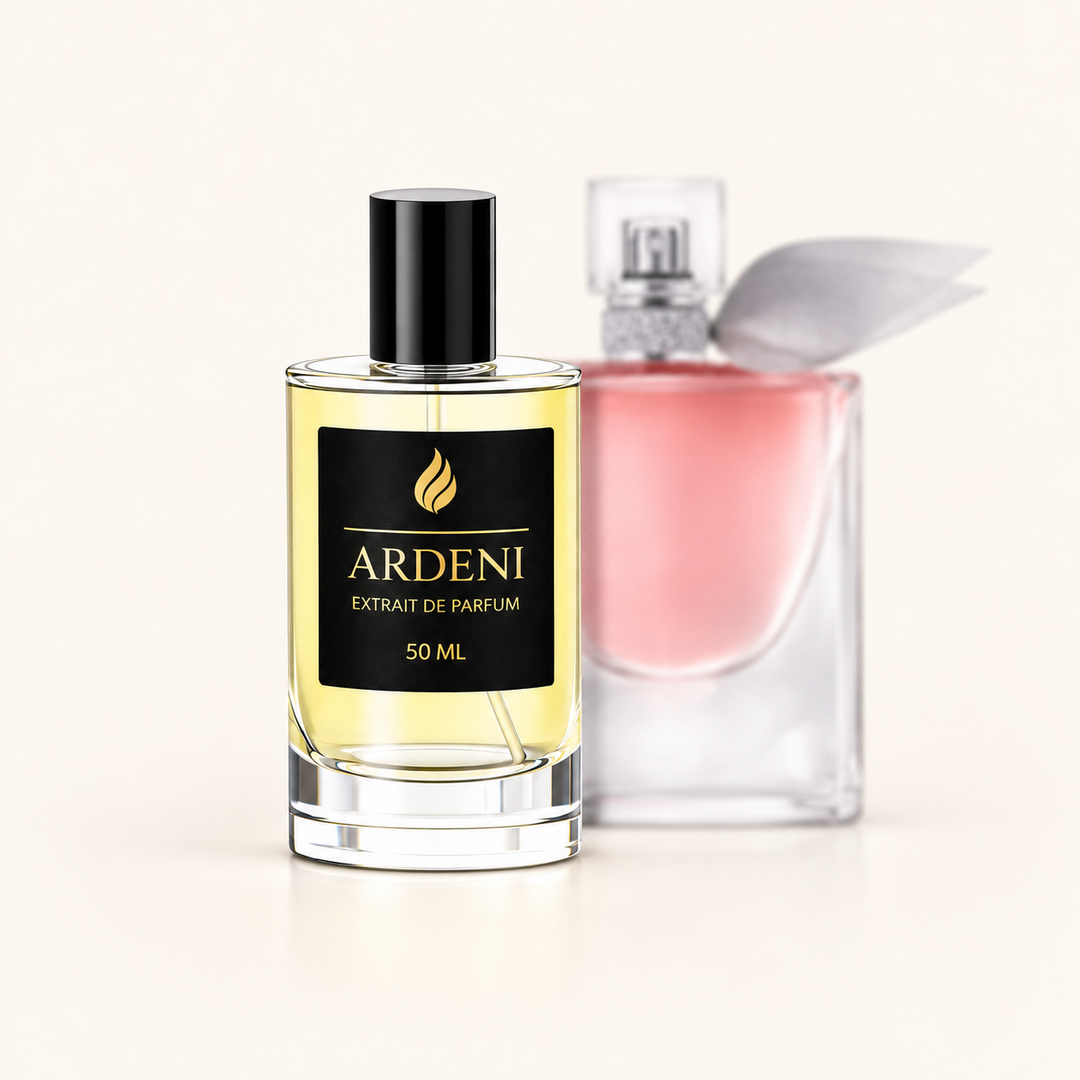 ARDENI BELLA VIE Extrait de Parfum im 50-ml-Glasflakon mit schwarzer Kappe vor rosafarbenem Parfumflakon.
