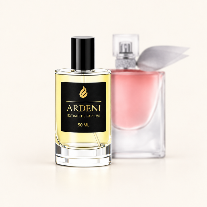ARDENI BELLA VIE Extrait de Parfum im 50-ml-Glasflakon mit schwarzer Kappe vor rosafarbenem Parfumflakon.