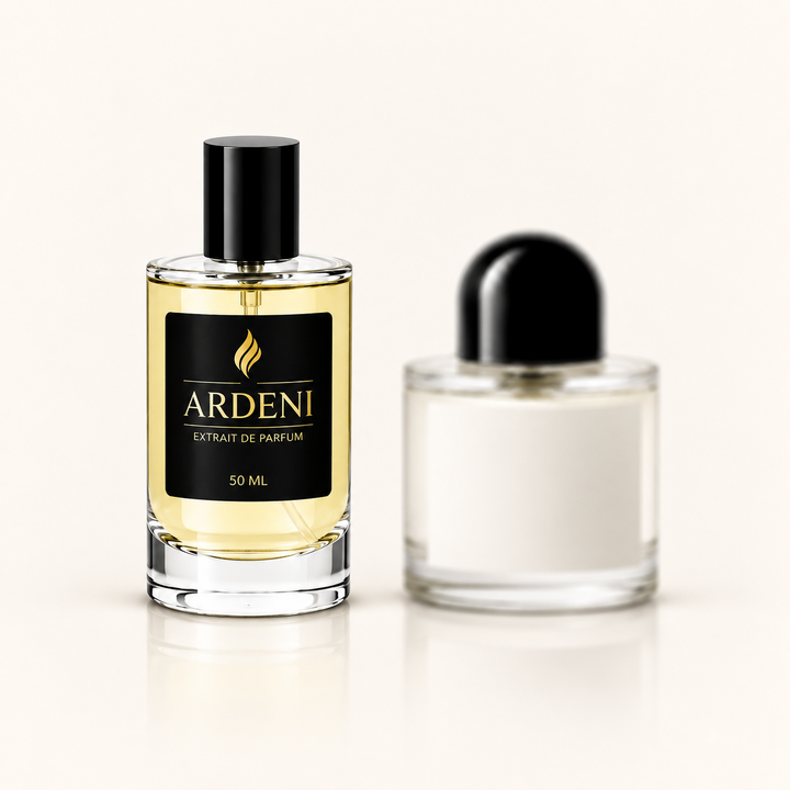ARDENI BLANCHE PURE Extrait de Parfum im 50-ml-Glasflakon mit schwarzer Kappe vor weissem Parfumflakon.