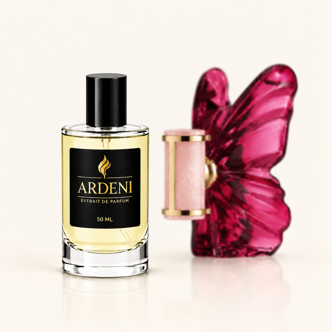 ARDENI BOMBA BELLA Extrait de Parfum im 50-ml-Glasflakon mit schwarzer Kappe vor pinkem schmetterlingsförmigem Parfumflakon.