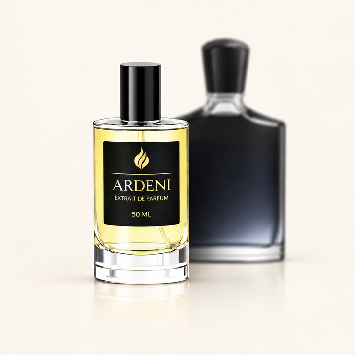 ARDENI CREDO APSOLUTO Extrait de Parfum im 50-ml-Glasflakon mit schwarzer Kappe vor dunklem Parfumflakon.