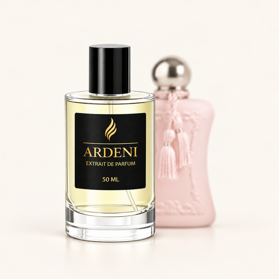 ARDENI DELIRA Extrait de Parfum im 50-ml-Glasflakon mit schwarzer Kappe vor rosafarbenem Parfumflakon.
