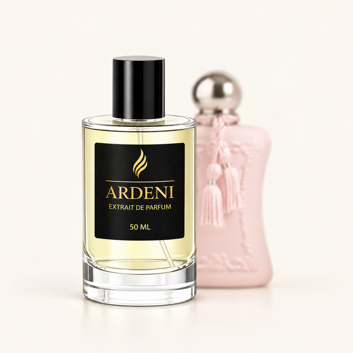 ARDENI DELIRA Extrait de Parfum im 50-ml-Glasflakon mit schwarzer Kappe vor rosafarbenem Parfumflakon.