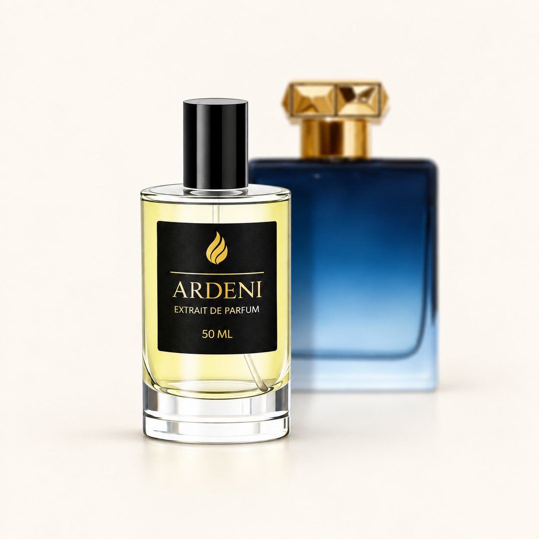 ARDENI ÉLYSION Extrait de Parfum im 50-ml-Glasflakon mit schwarzer Kappe vor blauem Parfumflakon.