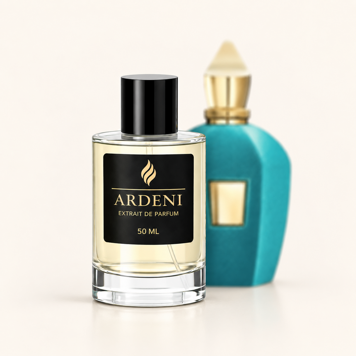 ARDENI ERBA VÉRA Extrait de Parfum im 50-ml-Glasflakon mit schwarzer Kappe vor türkisfarbenem Parfumflakon.