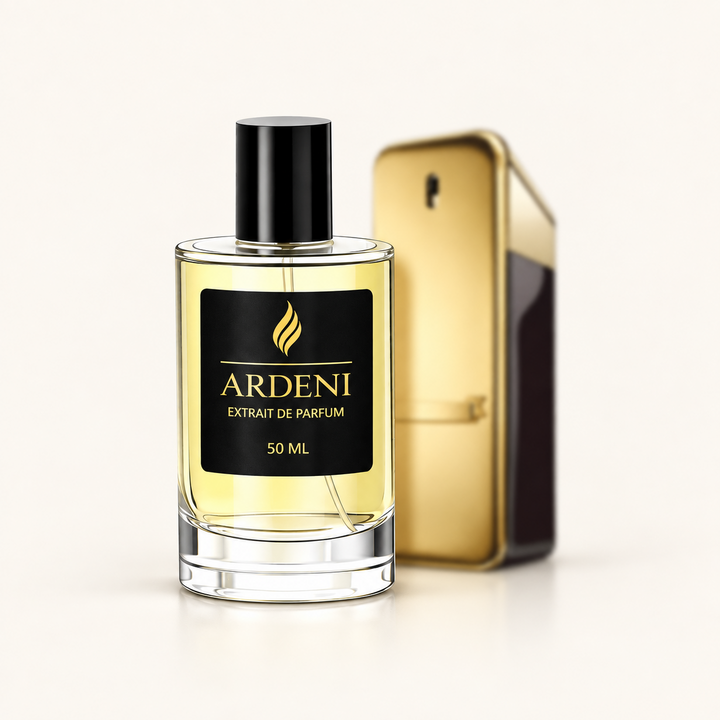 ARDENI GOLDEN ONE Extrait de Parfum im 50-ml-Glasflakon mit schwarzer Kappe vor goldfarbenem Parfumflakon.