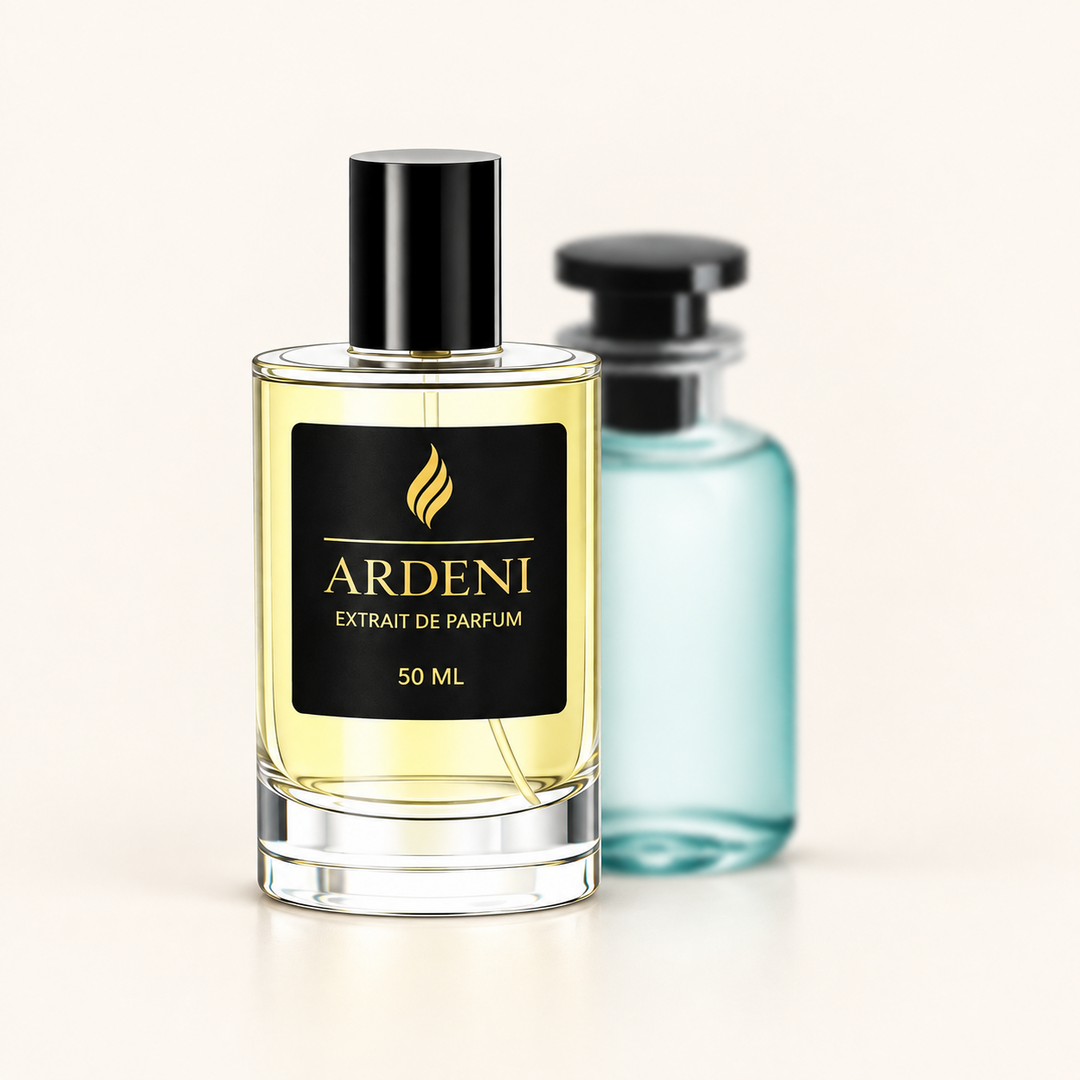 ARDENI IMARÉL Extrait de Parfum im 50-ml-Glasflakon mit schwarzer Kappe vor türkisfarbenem Parfumflakon.