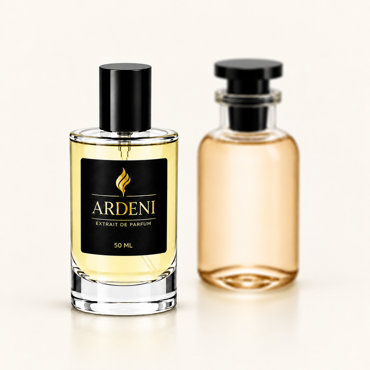 ARDENI L’IMMENSO Extrait de Parfum im 50-ml-Glasflakon mit schwarzer Kappe vor bernsteinfarbenem Parfumflakon.