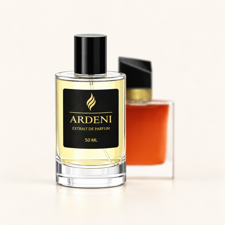 ARDENI LIBRÉA Extrait de Parfum im 50-ml-Glasflakon mit schwarzer Kappe vor bernsteinfarbenem Parfumflakon.