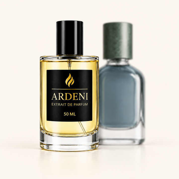 ARDENI MEGARA Extrait de Parfum im 50-ml-Glasflakon mit schwarzer Kappe vor graublauem Parfumflakon.