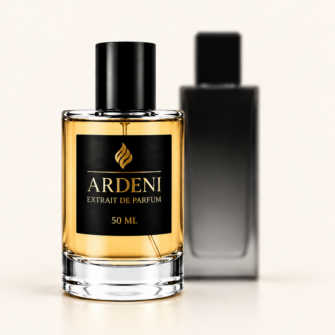 ARDENI MYSEN Extrait de Parfum im 50-ml-Glasflakon mit schwarzer Kappe vor schwarzem Parfumflakon.