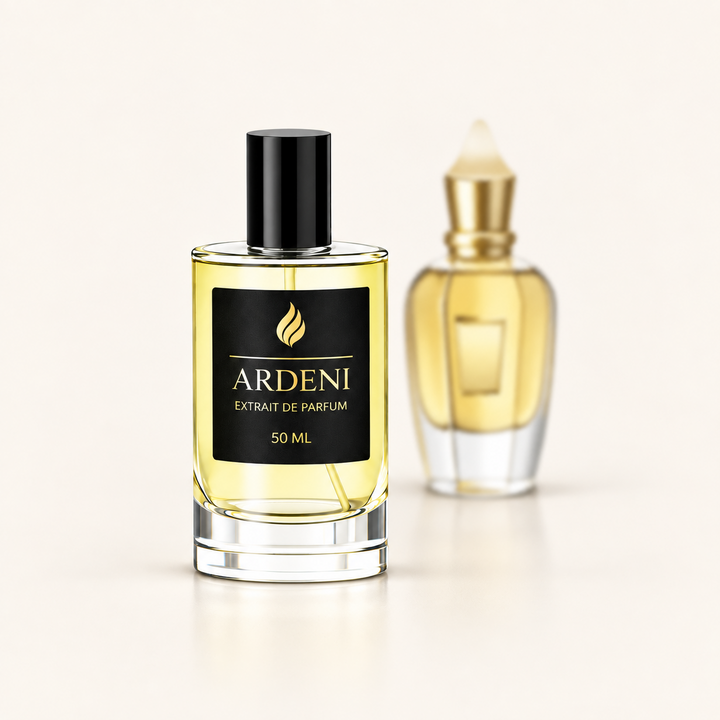 ARDENI NAXOR Extrait de Parfum im 50-ml-Glasflakon mit schwarzer Kappe vor goldgelbem Parfumflakon.