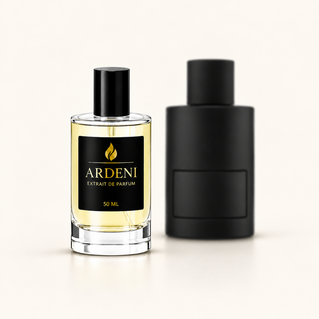 ARDENI OMBRE NOIR Extrait de Parfum im 50-ml-Glasflakon mit schwarzer Kappe vor schwarzem Parfumflakon.