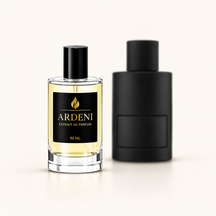 ARDENI OMBRE NOIR Extrait de Parfum im 50-ml-Glasflakon mit schwarzer Kappe vor schwarzem Parfumflakon.