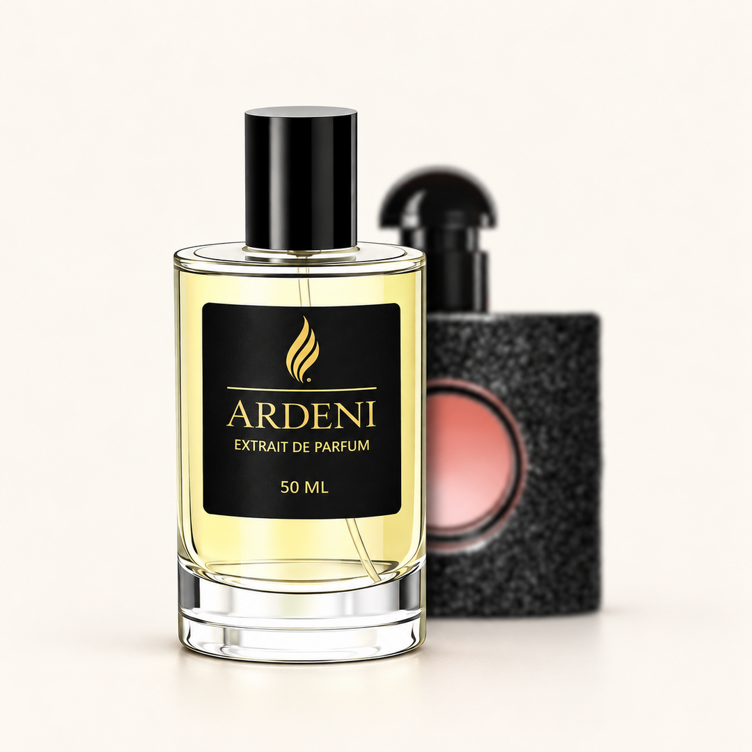 ARDENI OPIA Extrait de Parfum im 50-ml-Glasflakon mit schwarzer Kappe vor schwarzem Parfumflakon.