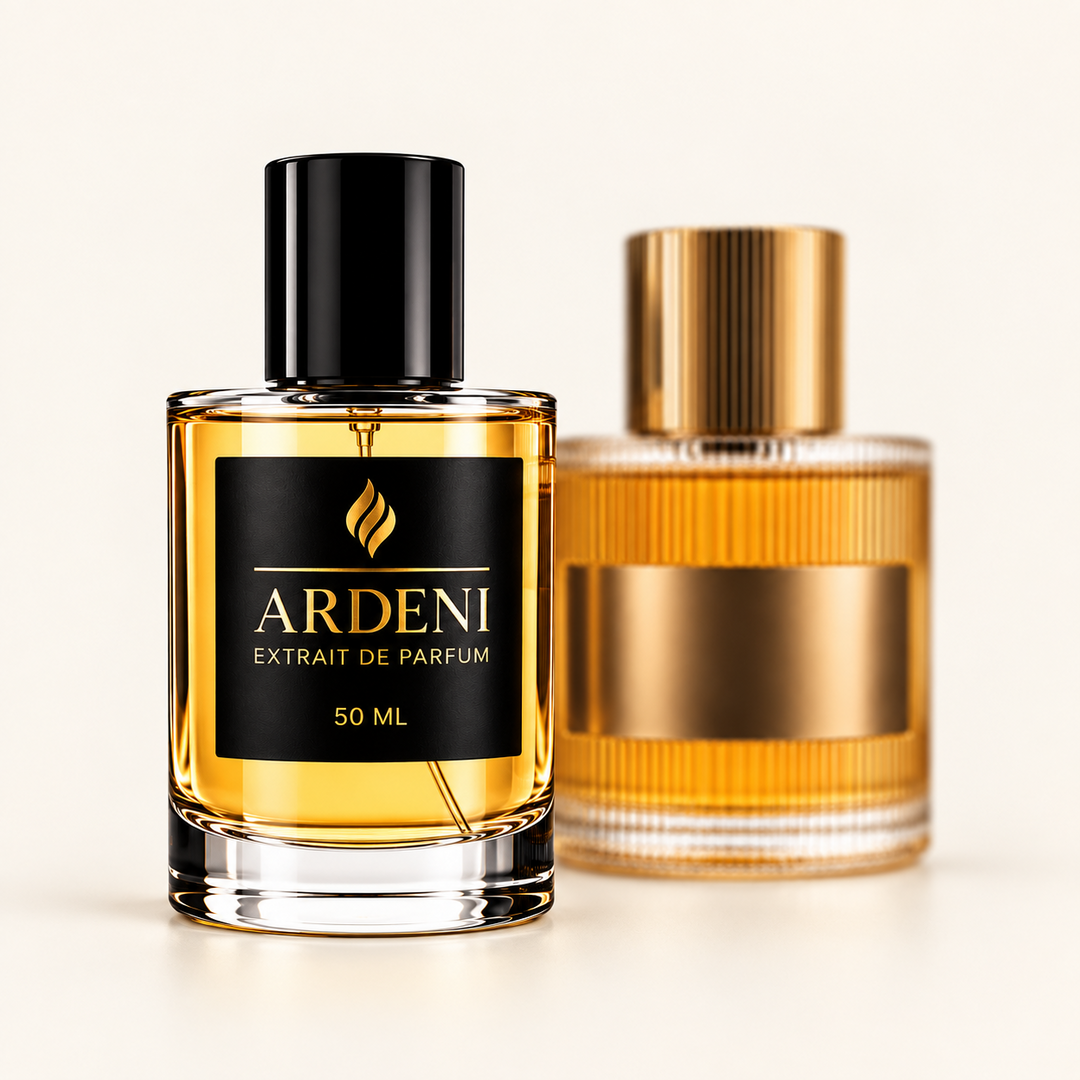 ARDENI PACIFÉR Extrait de Parfum im 50-ml-Glasflakon mit schwarzer Kappe vor goldfarbenem Parfumflakon.