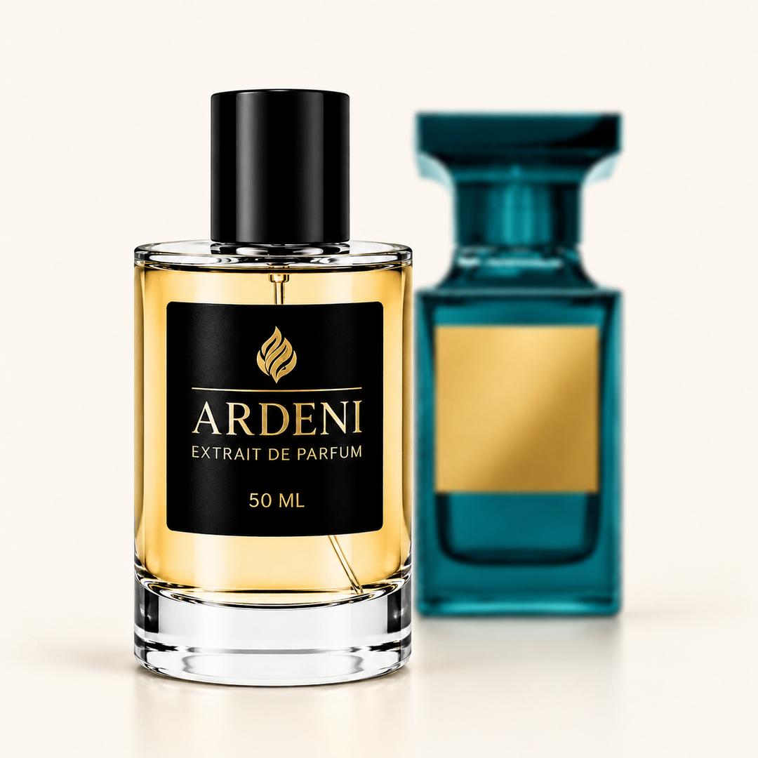 ARDENI PORTOFINO Extrait de Parfum im 50-ml-Glasflakon mit schwarzer Kappe vor türkisfarbenem Parfumflakon.