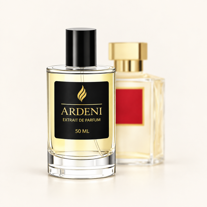 ARDENI ROUGE ÉLIXIR Extrait de Parfum im 50-ml-Glasflakon mit schwarzer Kappe vor transparentem Parfumflakon.