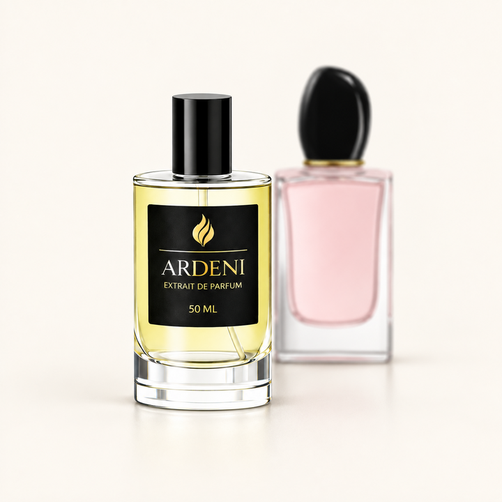 ARDENI SIARA Extrait de Parfum im 50-ml-Glasflakon mit schwarzer Kappe vor rosafarbenem Parfumflakon.