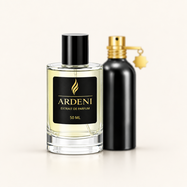 ARDENI TONKA ROYAL Extrait de Parfum im 50-ml-Glasflakon mit schwarzer Kappe vor schwarzem Parfumflakon.