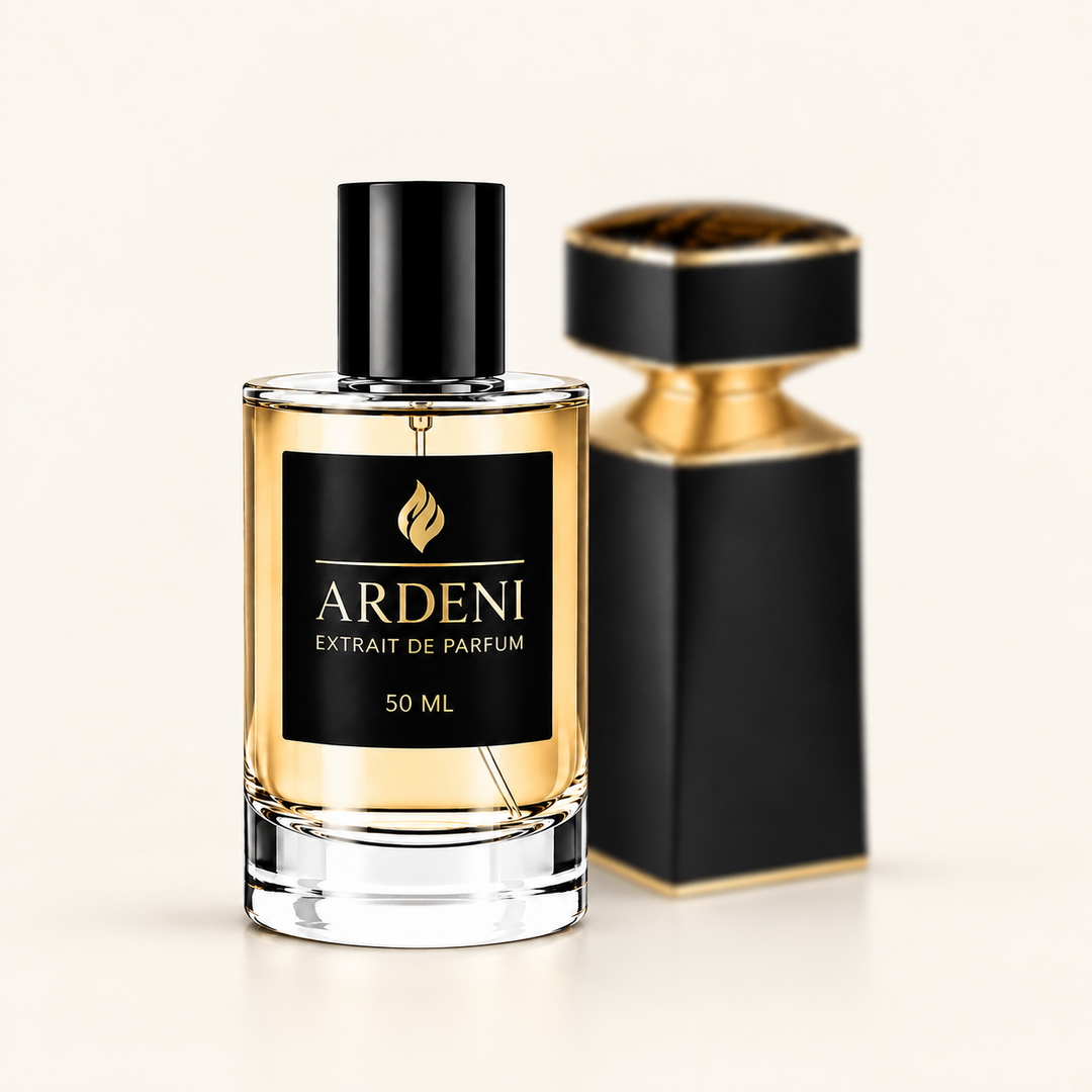 ARDENI TYGRIS Extrait de Parfum im 50-ml-Glasflakon mit schwarzer Kappe vor schwarz-goldenem Parfumflakon.
