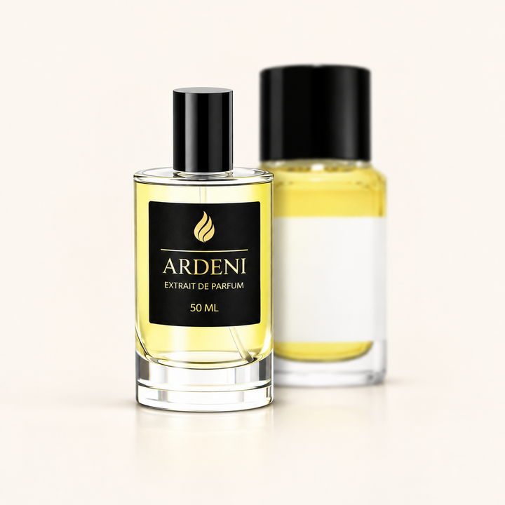 ARDENI VANÉLIA Extrait de Parfum im 50-ml-Glasflakon mit schwarzer Kappe vor gelbem Parfumflakon.