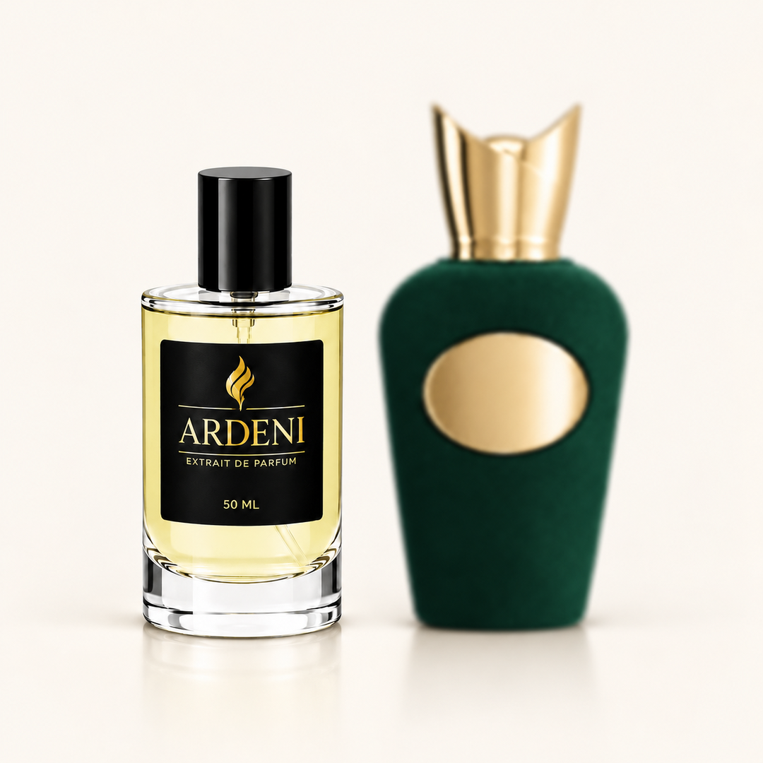 ARDENI VIBRATO X Extrait de Parfum im 50-ml-Glasflakon mit schwarzer Kappe vor grünem Parfumflakon.